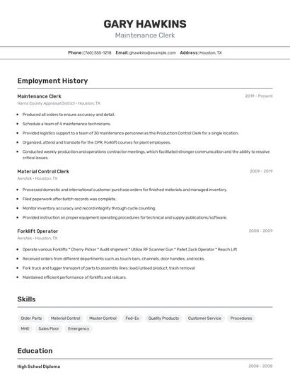 Maintenance Clerk Resume