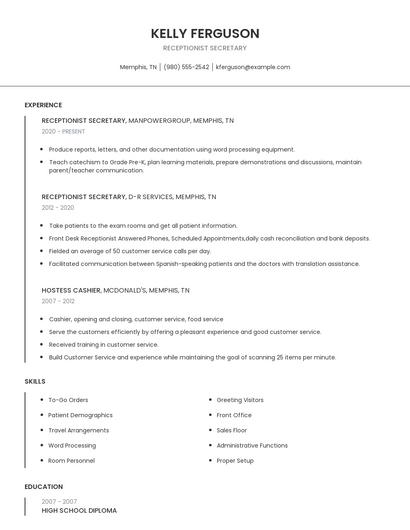 Receptionist Secretary Resume
