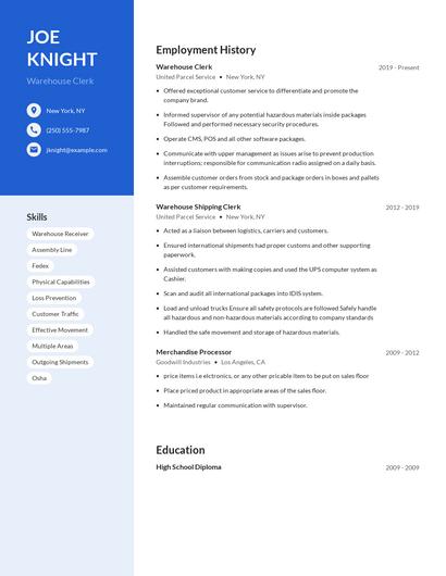 Warehouse Clerk Resume